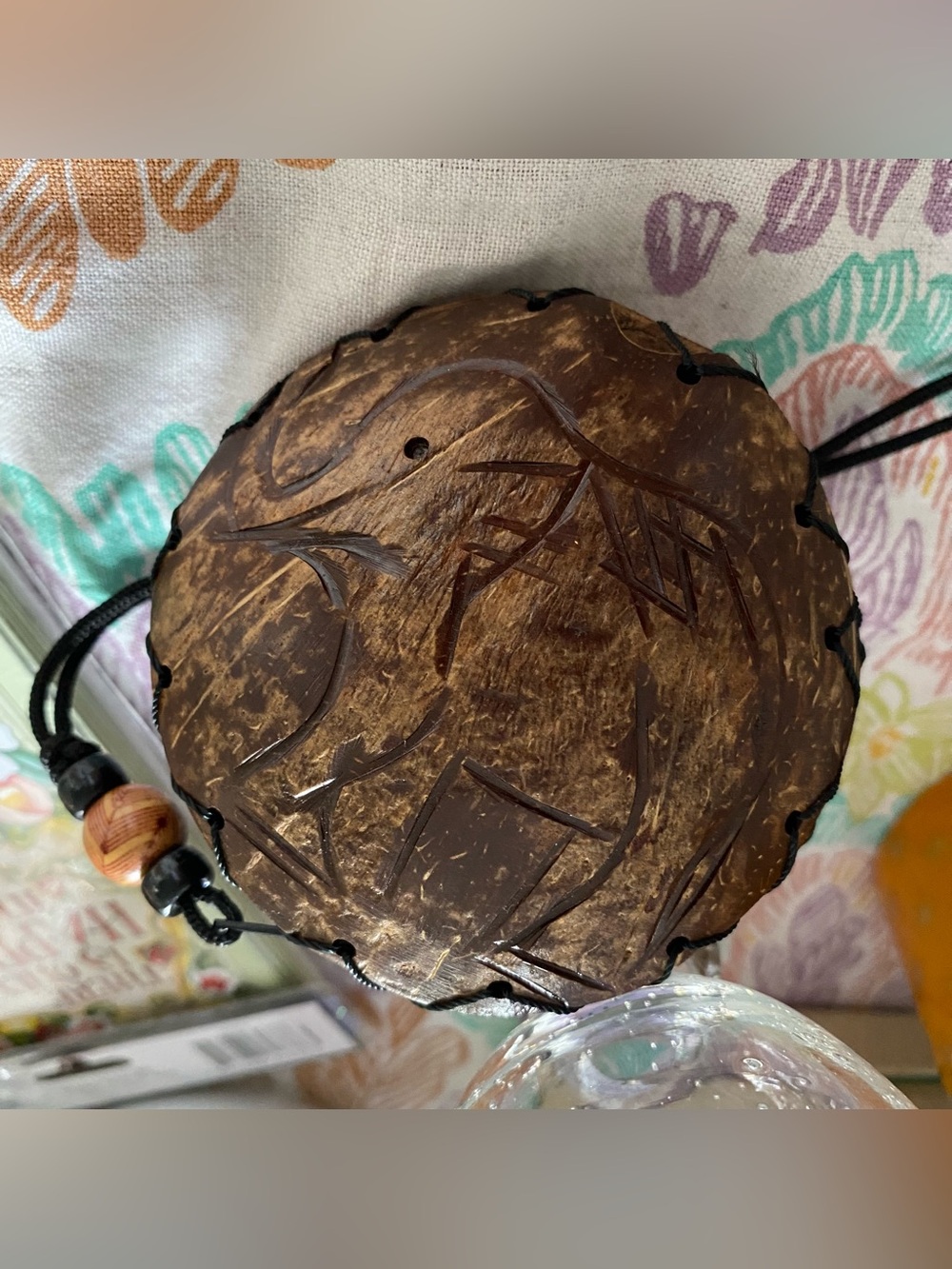 Coconut Shell Coin Pyrse w/Strap. Carved Elephant Both Sides. Unused  3.5 round